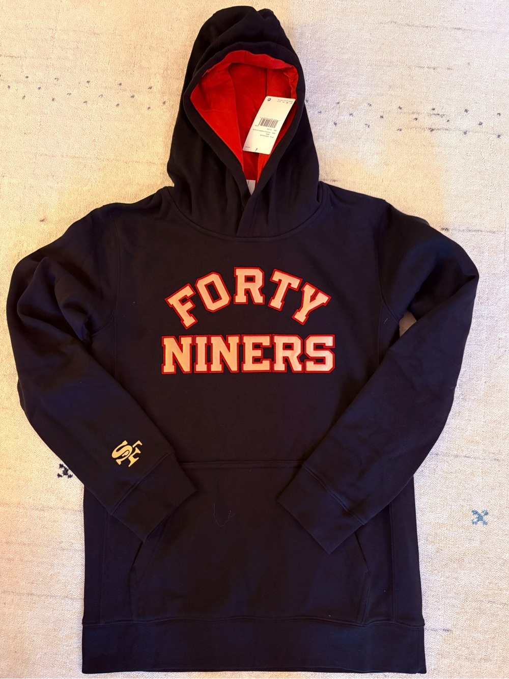 Forty Niners Nike Youth XL Black Hooded Sweatshirt with Red Lining NWT